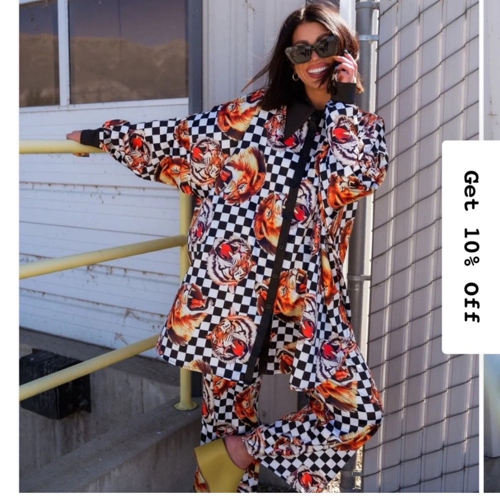 Dressed in LALA Posh Satin Playsuit in Lions, Tigers, Check, Oh My!